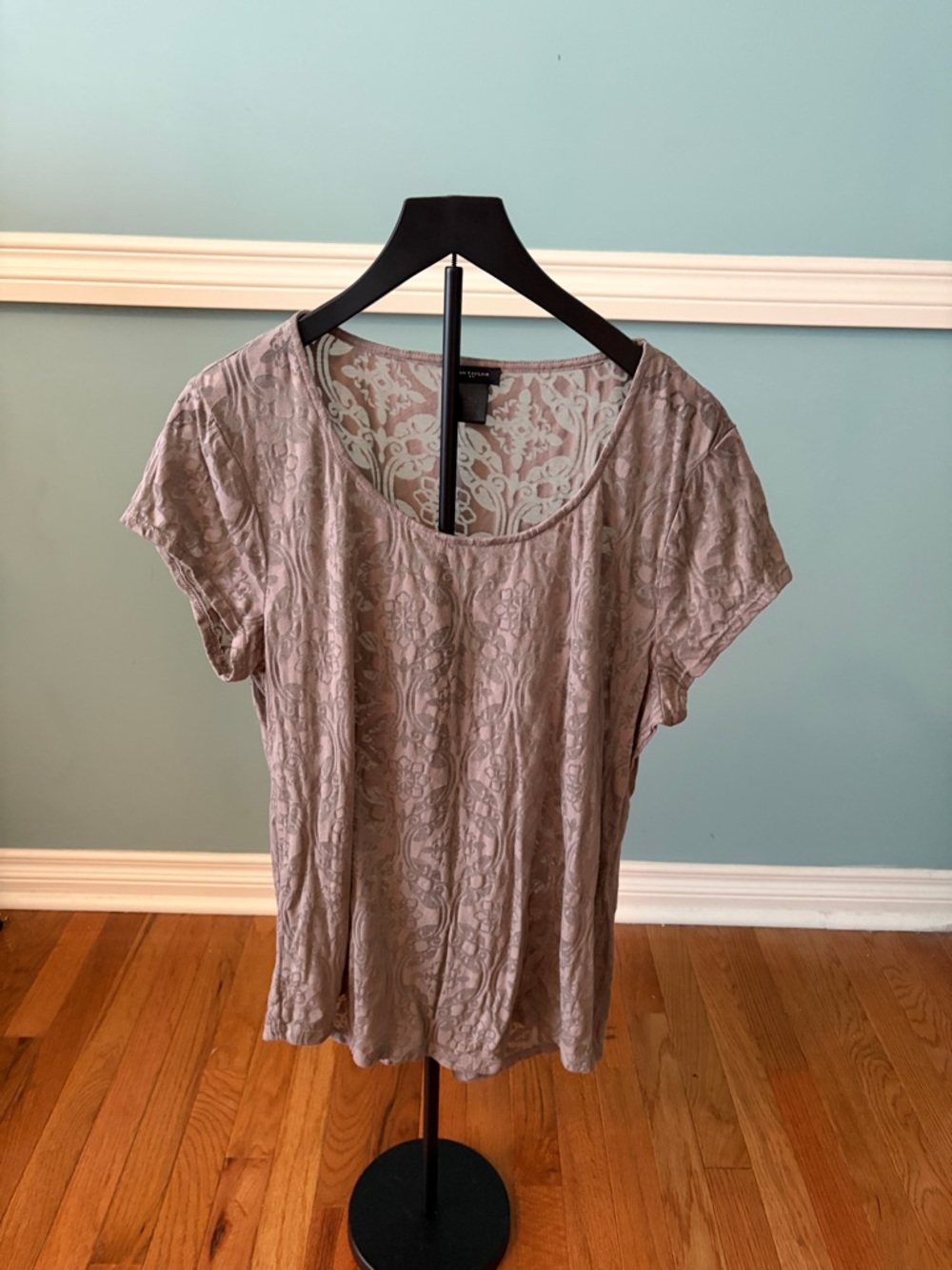 Ann Taylor Taupe Lace-Overlay Scoop Neck Short Sleeve Tee